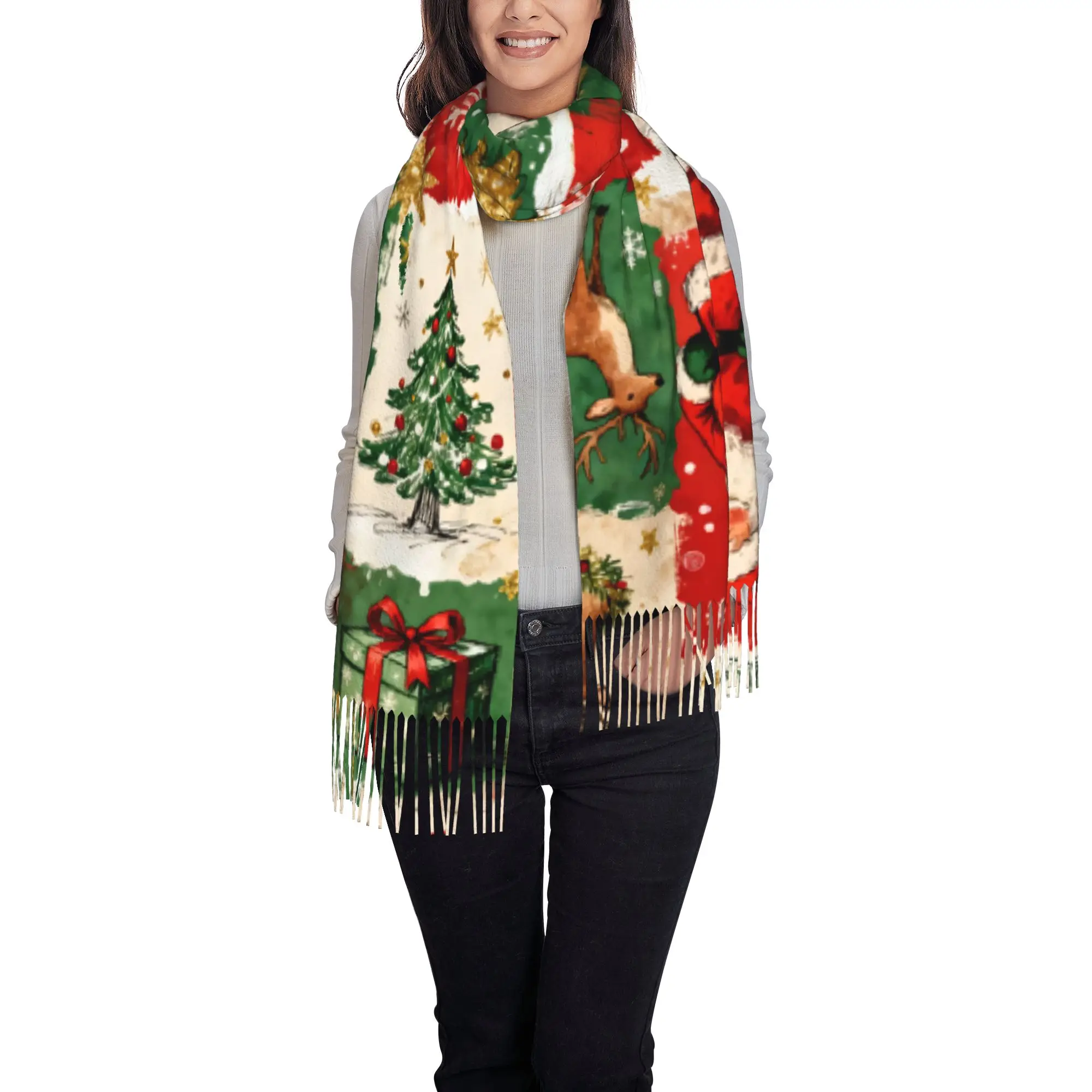 1 PC Christmas Collage Autumn Scarf Women Winter Pashmina Shawls Warm Blanket Wraps