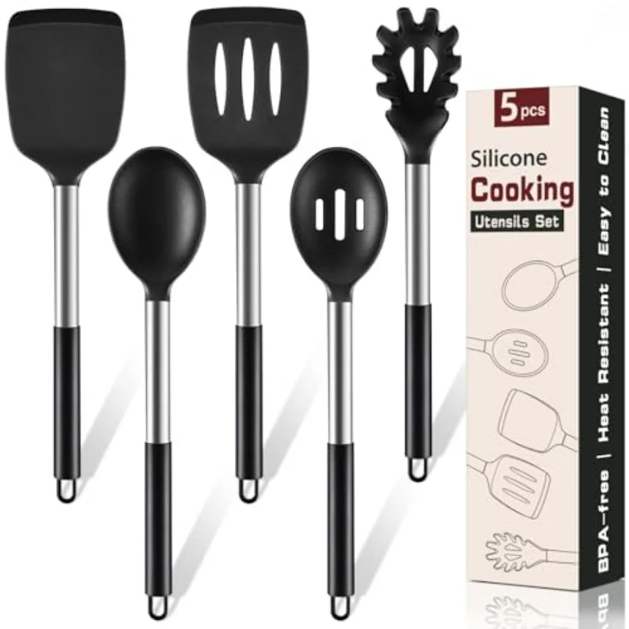 

5Pcs Silicone Cooking Utensils Set, Heat Resistant Kitchen Tools Include SolidandSlotted Spatula, Cooking Spoon and Pasta Serve
