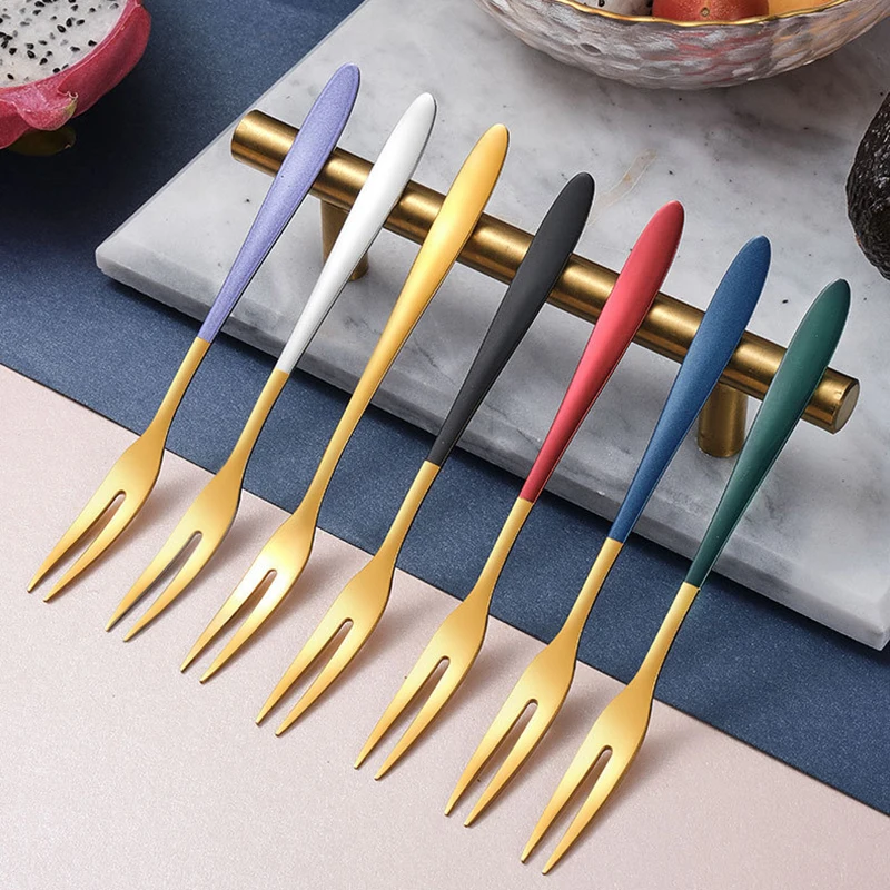 7pcs 304 Stainless Steel Fruit Fork Dessert Cake Forks Fashion Luxury Party Home Dessert Salad Forks Up-end Cutlery For Wedding