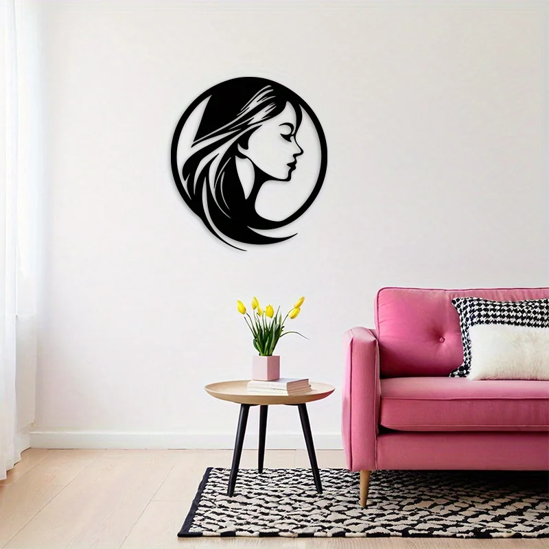 Elegant Woman Profile Iron Wall Art Flowing Hair Silhouette Metal Plaque 2D Flat Decor Bedroom Living Room Beauty Salon Gift