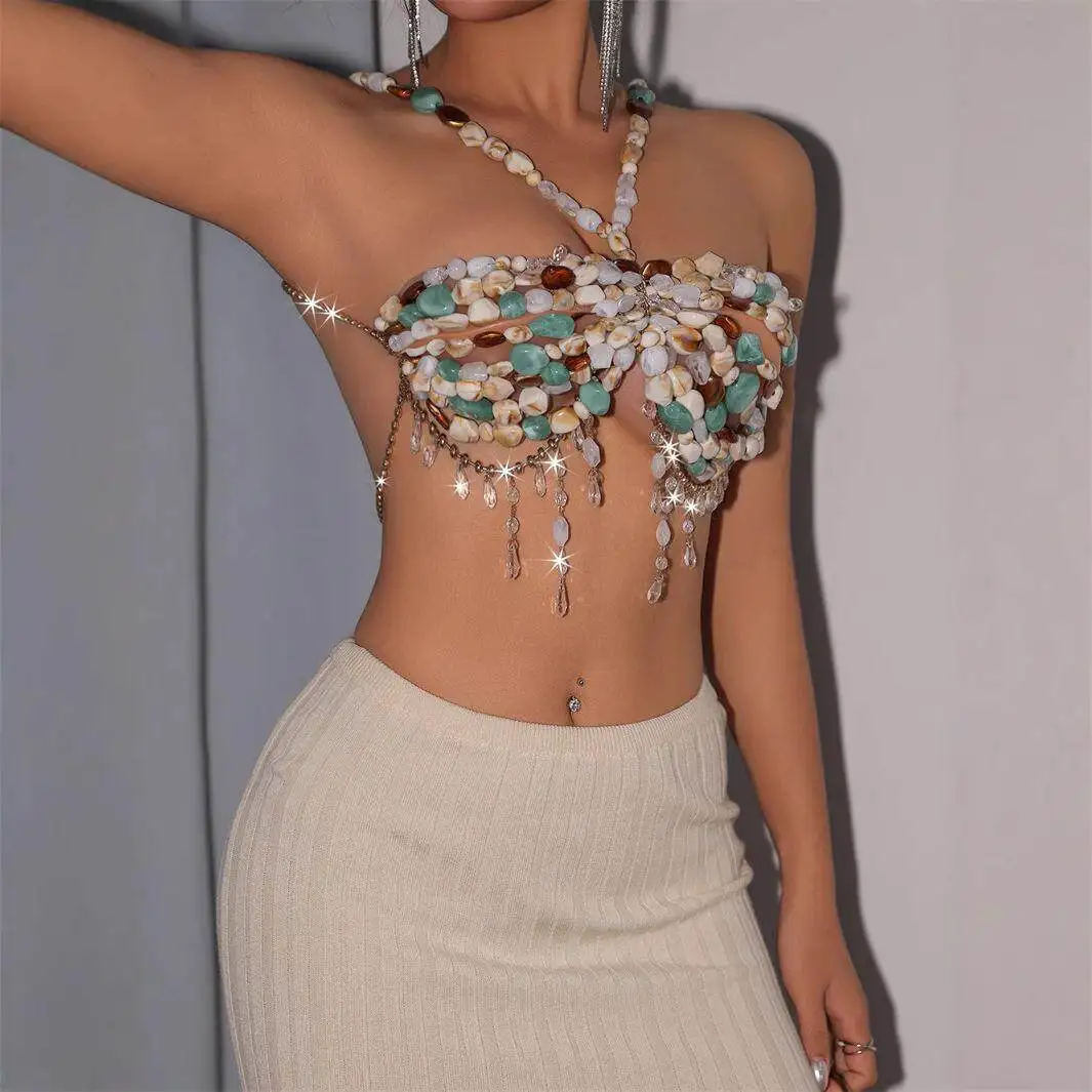 

Cross-Border Multilayer Gem Necklace Sexy Backless Crop Top Trendy European Style Women's Vest Strapless Chest Chain 25085