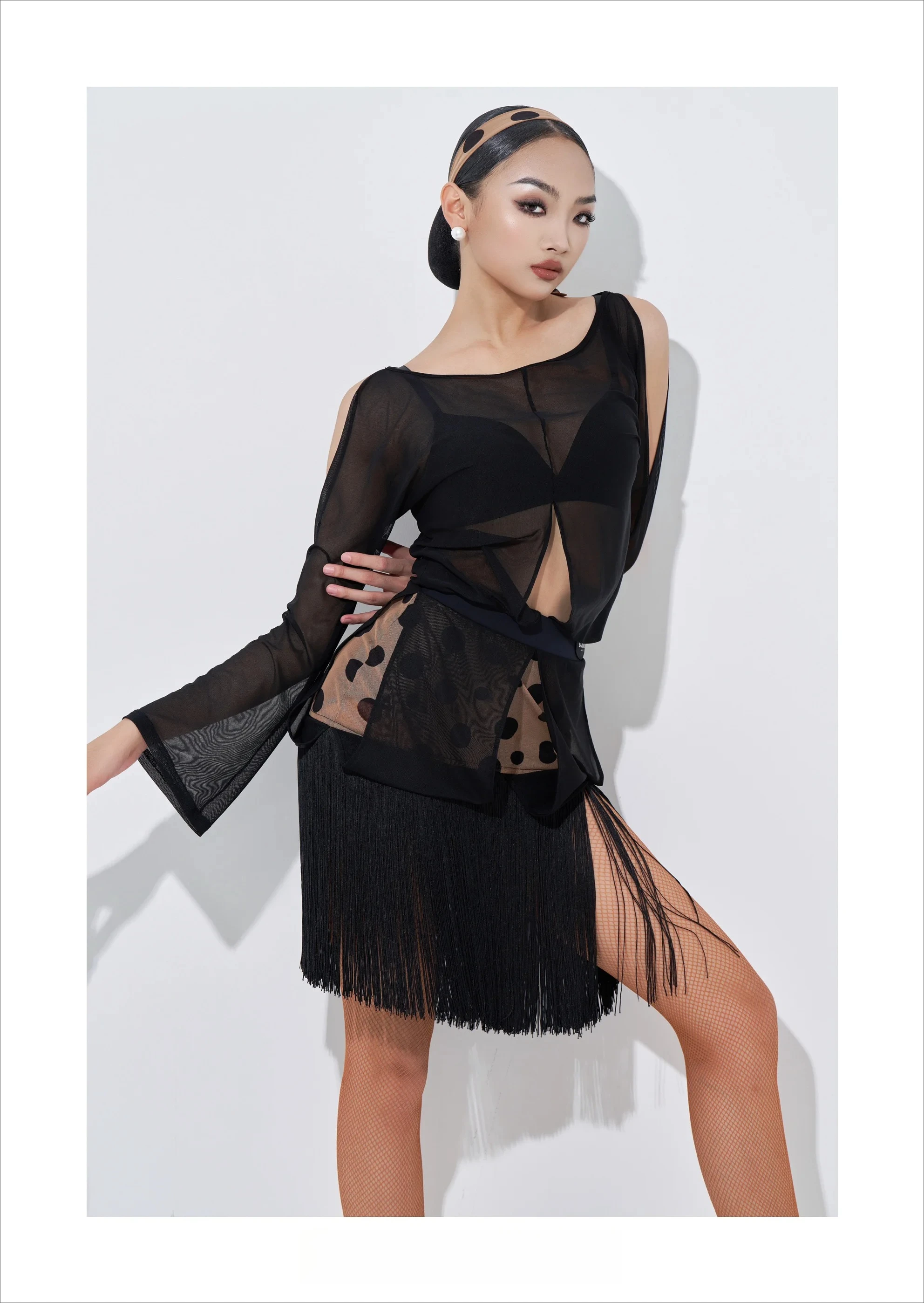 

UK Latin dance costume women irregular mesh bodycon top with polka dot fringe for professional dance practice Ballroom dance