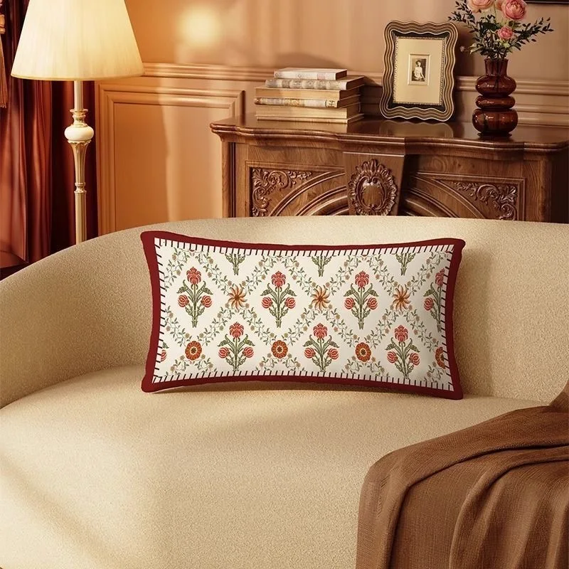 Beautiful Flower and Grass Sofa Rectangular Throw Pillow Light Luxury Retro Living Room Cushion Cover Bay Window Throw Pillow