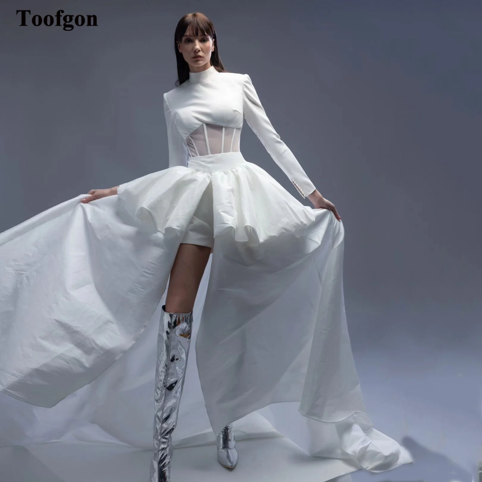 Toofgon Sexy Split Taffeta Wedding Dresses Long Sleeves High Neck Transparent Wedding Bride Dress Party Princess Bridal Gowns