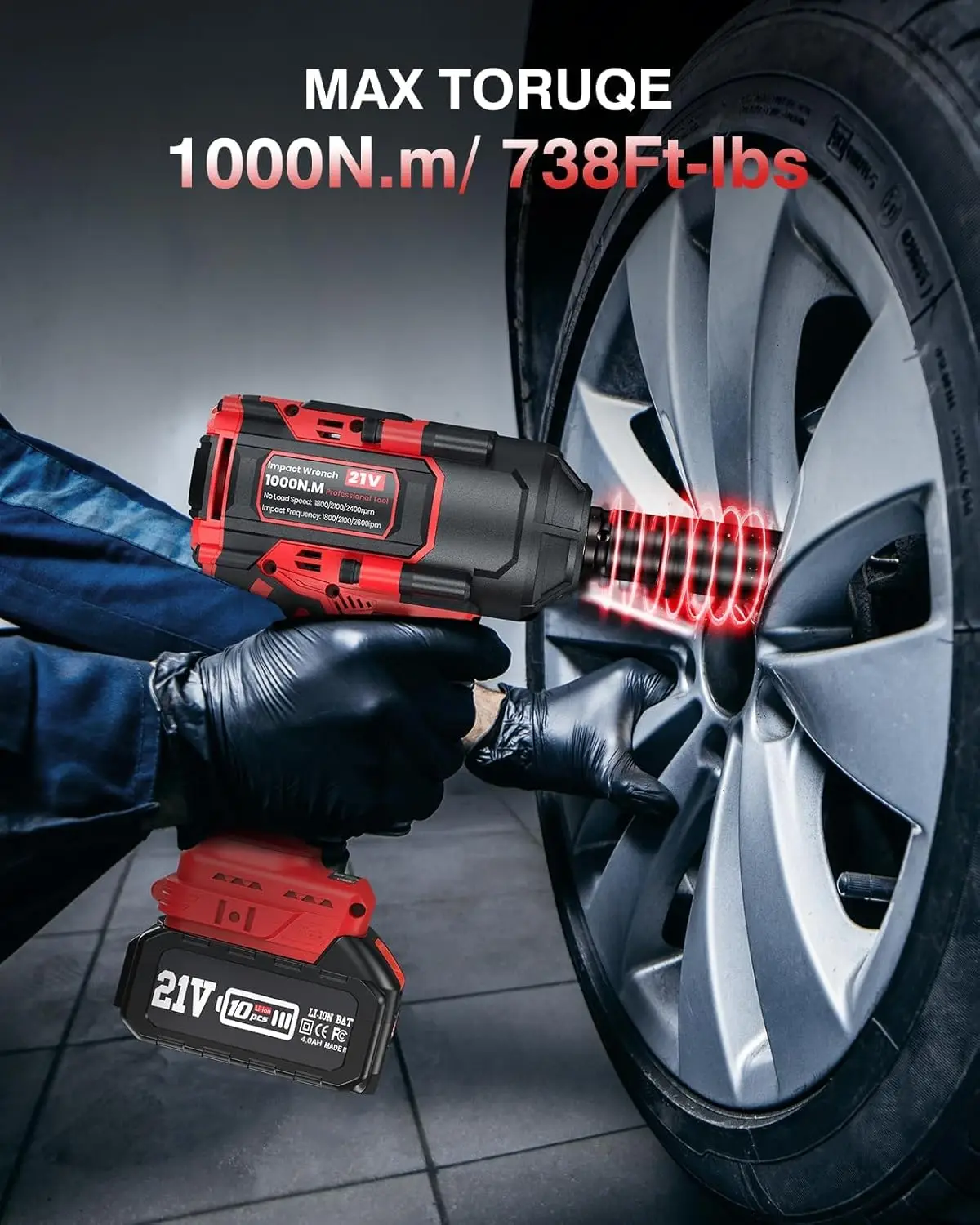 1000Nm(738ft-lbs) Cordless Impact Wrench High Torque w/ 2x4.0Ah Battery Electric Impact Wrench 1/2 Inch Power Battery Impact Gun