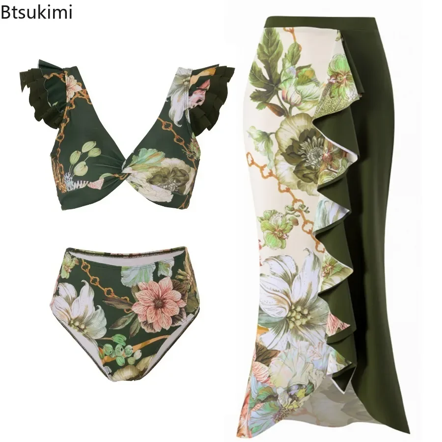 2025 New Arrivals Women's Bikini Sets Floral Printed Ruffle Bikinis Strappy Bandage Swimwear Boho Style Ladies Sexy Bathing Suit