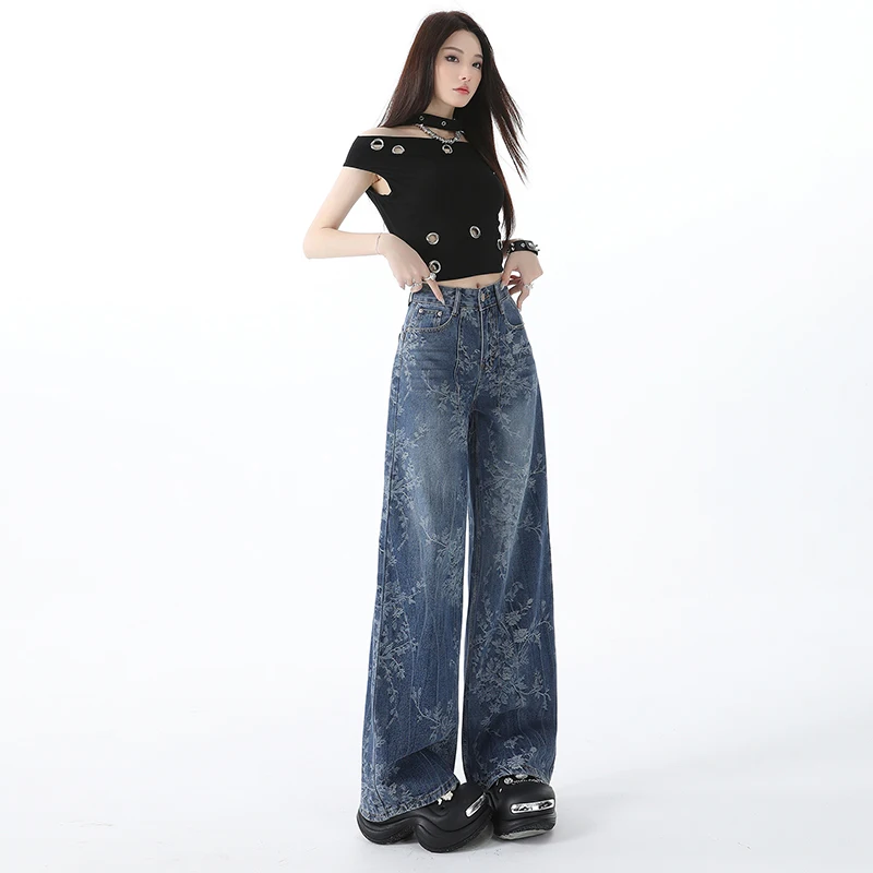 女性用ブルーのジャカードジーンズ、ゆったりとしたワイドレッグパンツ、レトロなストレートレッグパンツ