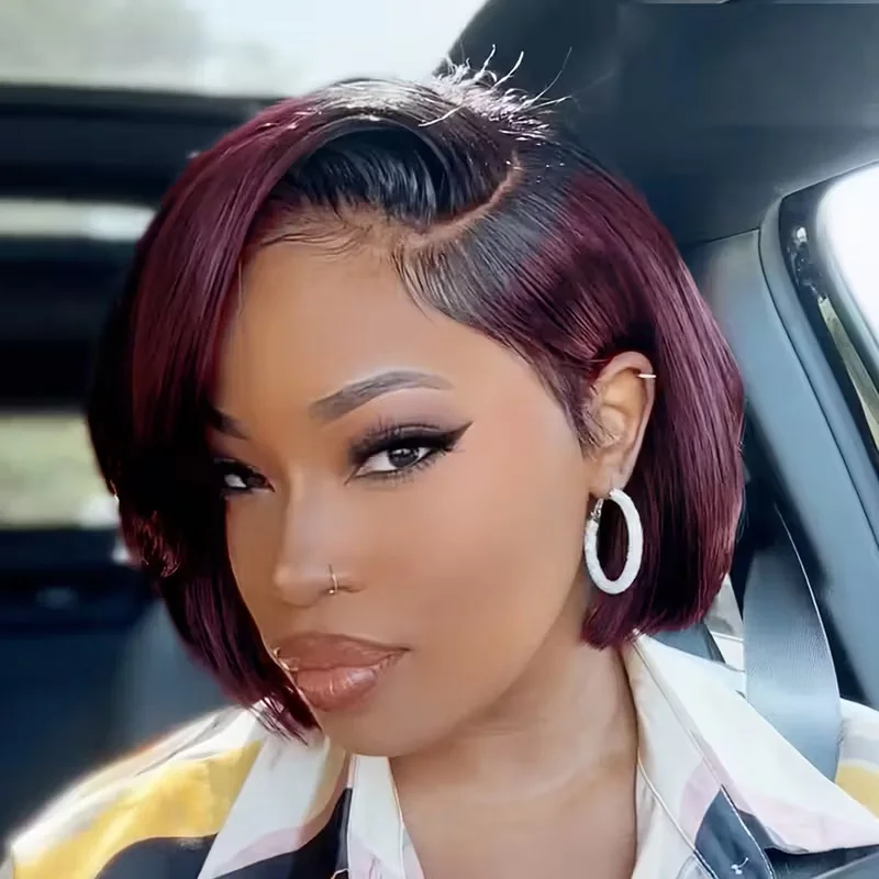 

Прямой 13x4 прозрачный кружевной фронтальный парик 1B/99J Ombre бордовый цвет 6-дюймовый парик Remy из человеческих волос Pixie