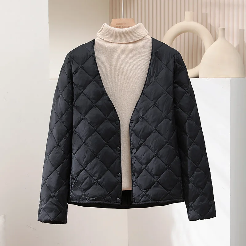 Doudoune à carreaux à col en V pour femme, manteau en duvet de canard blanc, veste légère et fine, parkas chaudes pour femme, grande taille, OutChester, nouveau, automne et hiver 2024