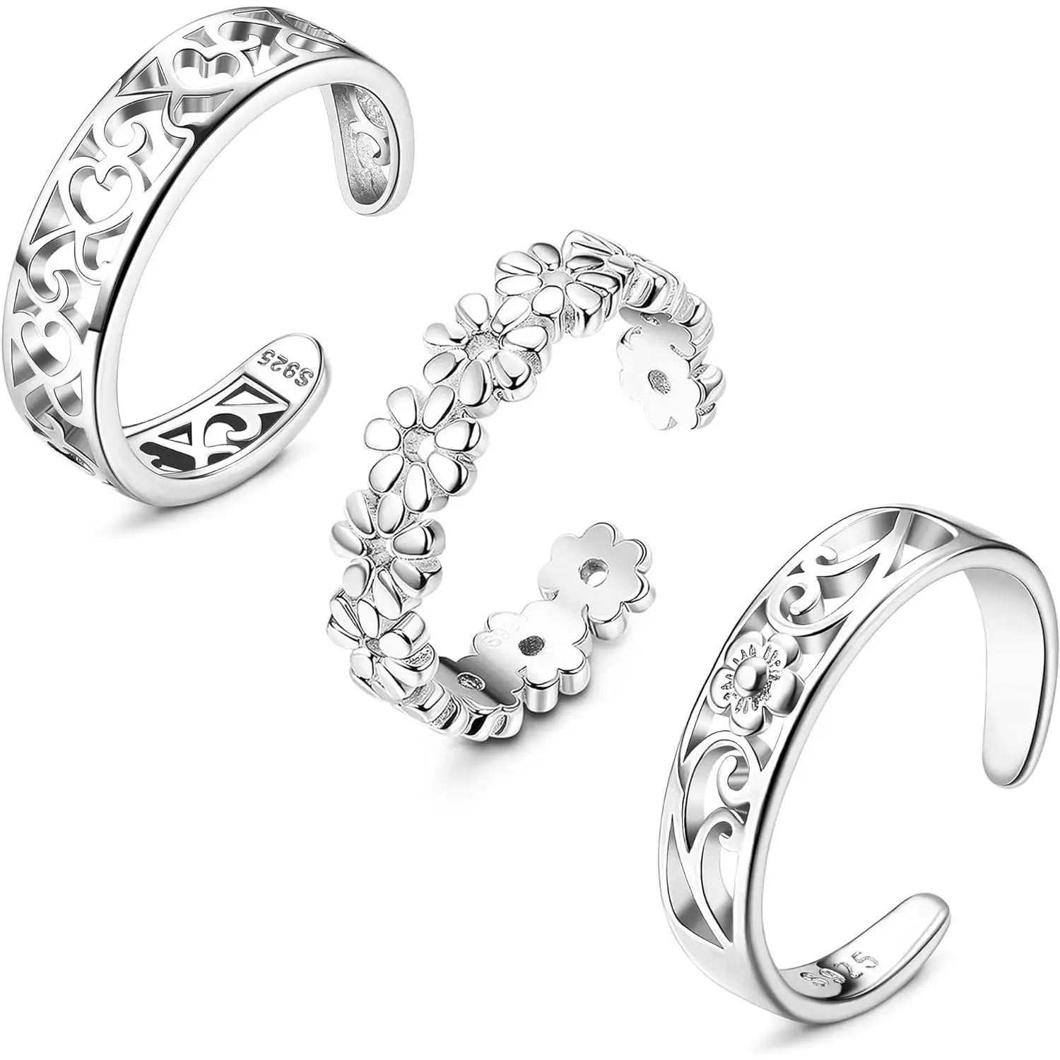 Fansilver 3PCS Toe Rings 925 Sterling Silver for Women Adjustable Toe Rings CZ Daisy Moonstone Ring Beach Foot Jewelry Set