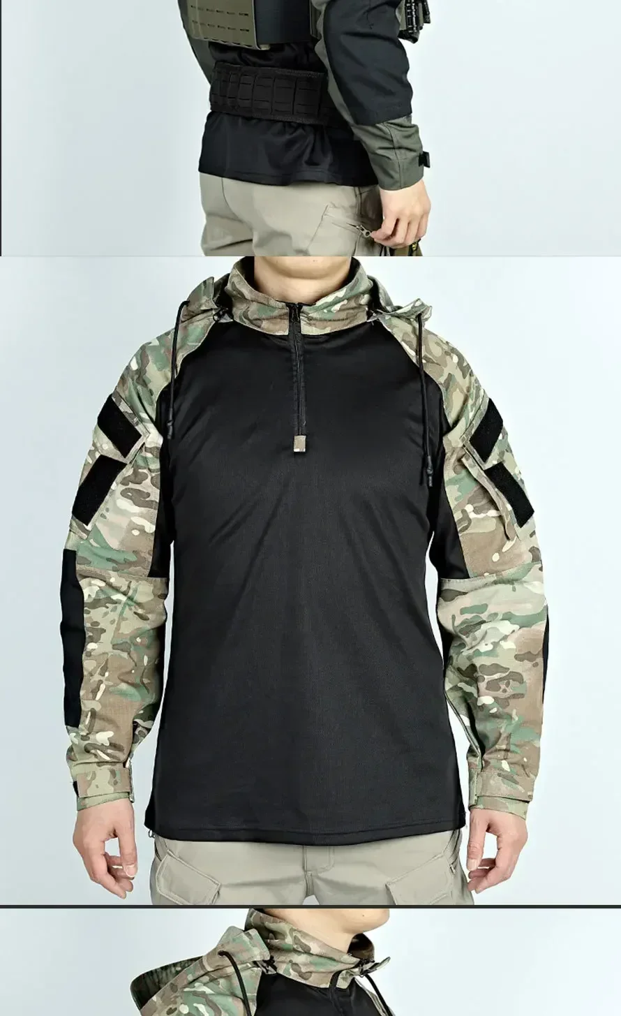 Tactical Combat Shirts Men Long Sleeve Breathable T-shirt Camo Hooded Quick-dry CS Paintball T-Shirt Tops Wear-resisting