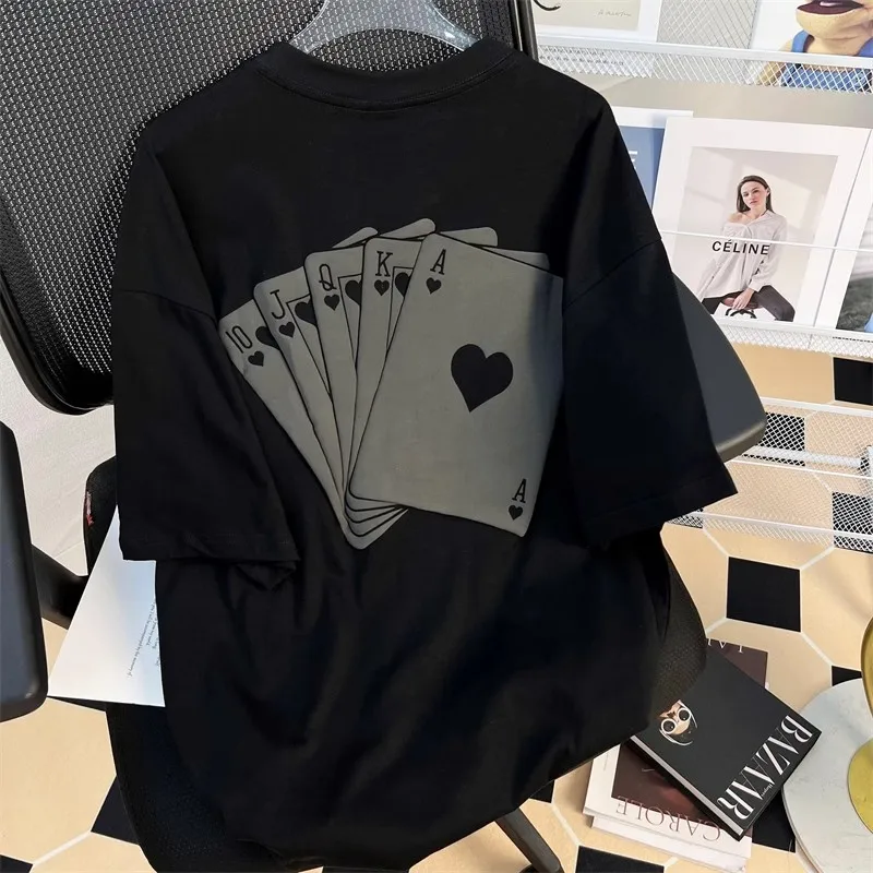 特大サイズ-300ポンド-純綿-半袖tシャツ-ユニセックス-夏服-ハーフスリーブトップ-ポーカー柄-涼感-カジュアルウェア