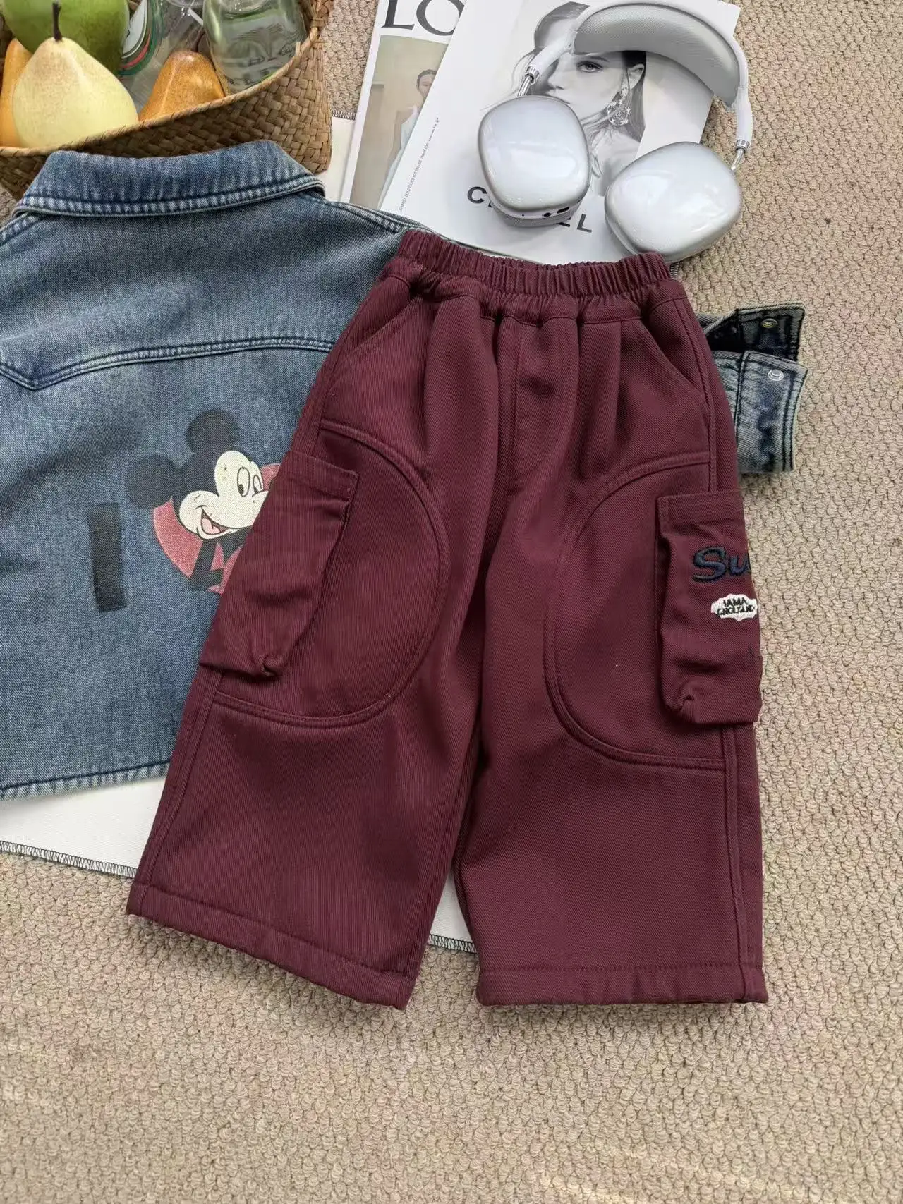 

Korean Mickey Fleece Pants For Boys Casual Fashion Loose Wine Red Thickened Cartoon Embroidered Pocket Children Trousers