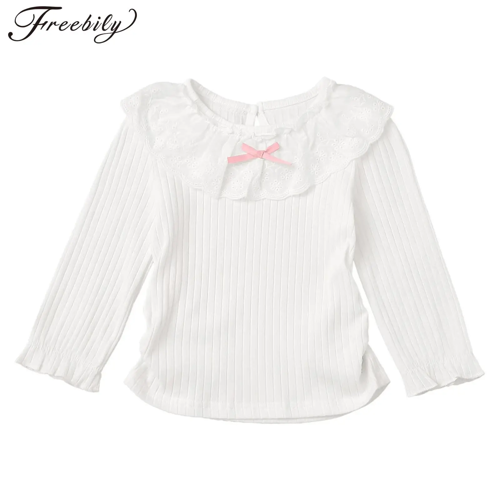 

Baby Girl Clothes Cute Bow Lace Ruffle Collar Ribbed Blouse Top Casual Solid Color Long Sleeve Ruched T-shirt Toddler Daily Wear