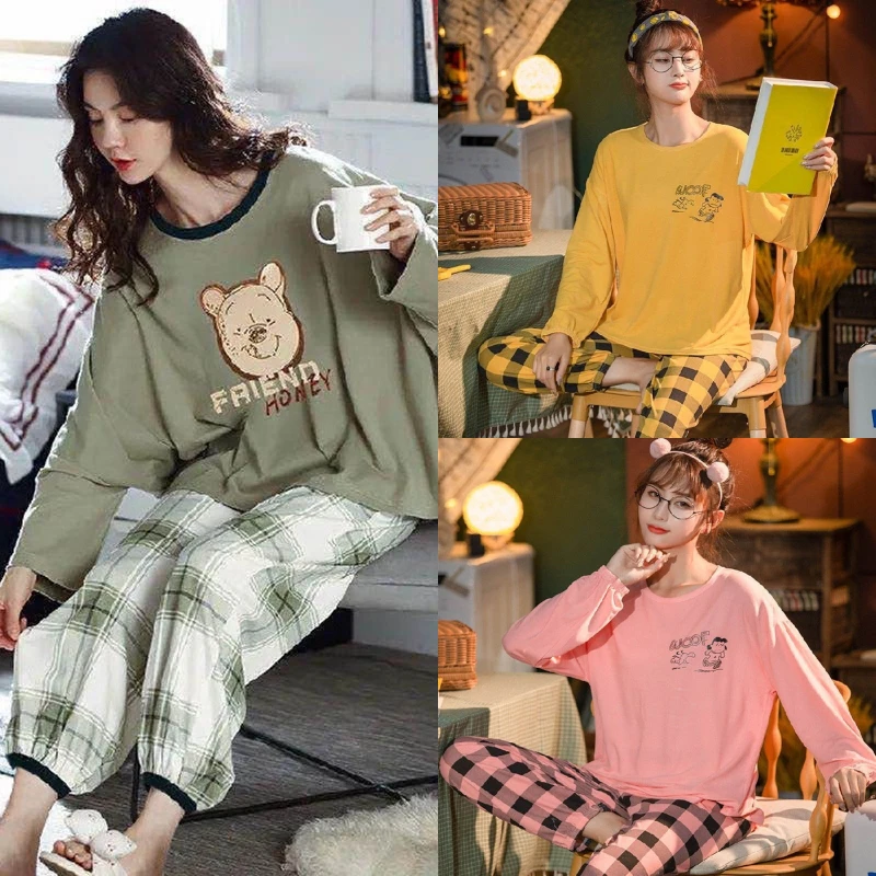 2PCS/Set Autumn and Winter Pajamas Female Long-Sleeved Cartoon Bear Casual Girl Homewear Easy to Clean Plaid Green Sleepwear Xl