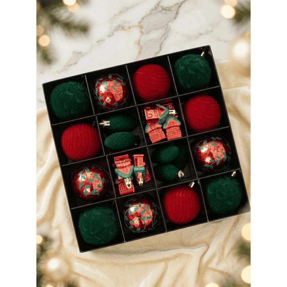 32pcs For Red Green Flocked Christmas Ball Set For Velvet Foam Ornaments For Forest House Tree Decor Holiday Hanging Baubles