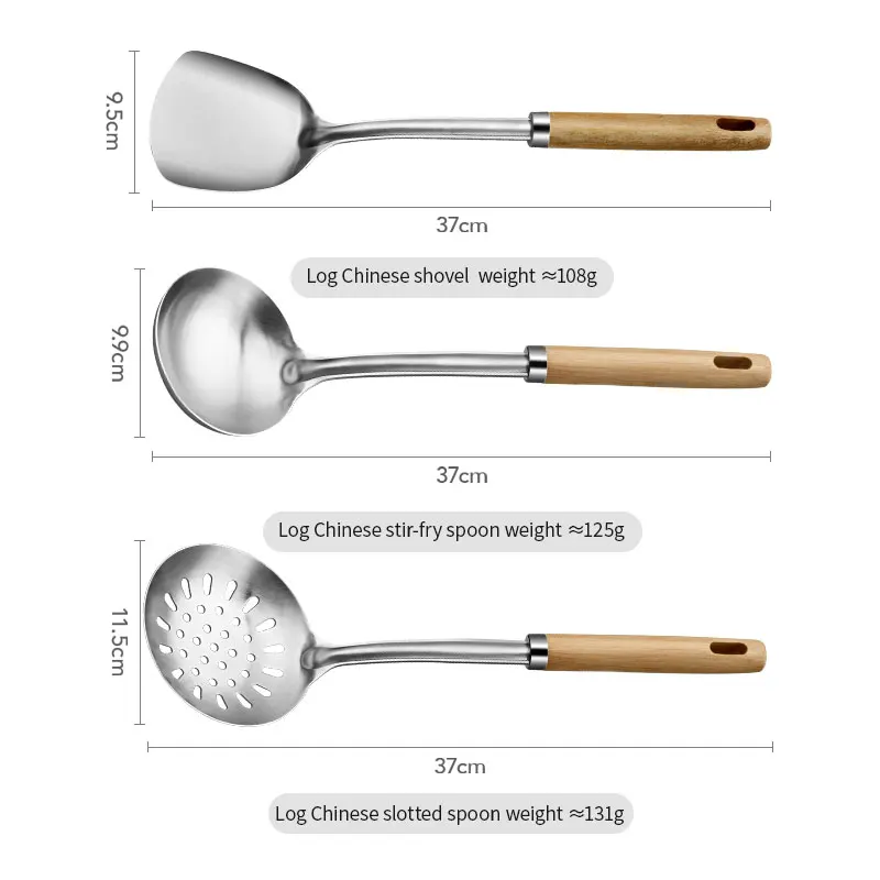 ステンレス製キッチンザル調理器具セット、木製ハンドル、スパチュラ、スープ、スプーン、高品質