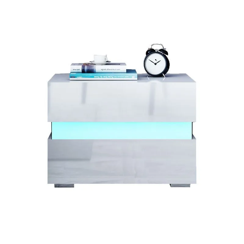 

LED bedside table, white high gloss two-drawer cabinet, middle storage, modern bedroom decorative furniture side table