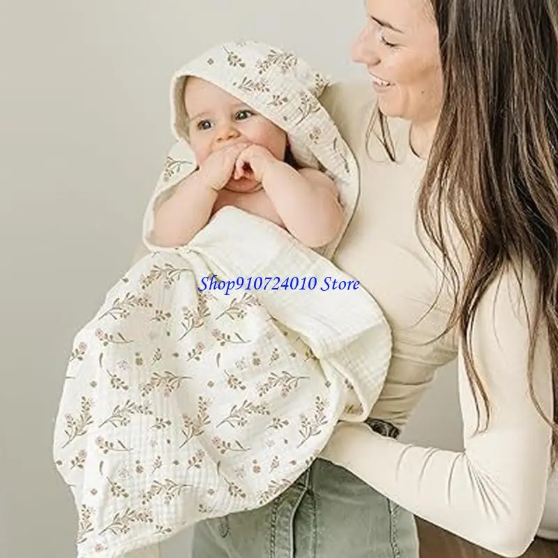 77HD 【عبوة من قطعتين】منشفة أطفال بغطاء للرأس بطانية من الشاش القطني، فائقة النعومة وذات قدرة على الامتصاص لوقت الاستحمام، صور