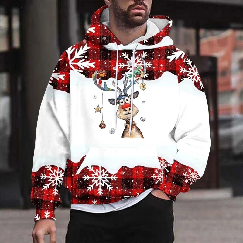 Christmas Deer Snow Pattern Hoodie For Men Women Stripes 3D Printed Pullovers Casual Hoodies Tops Loose Long Sleeves Sweatshirt