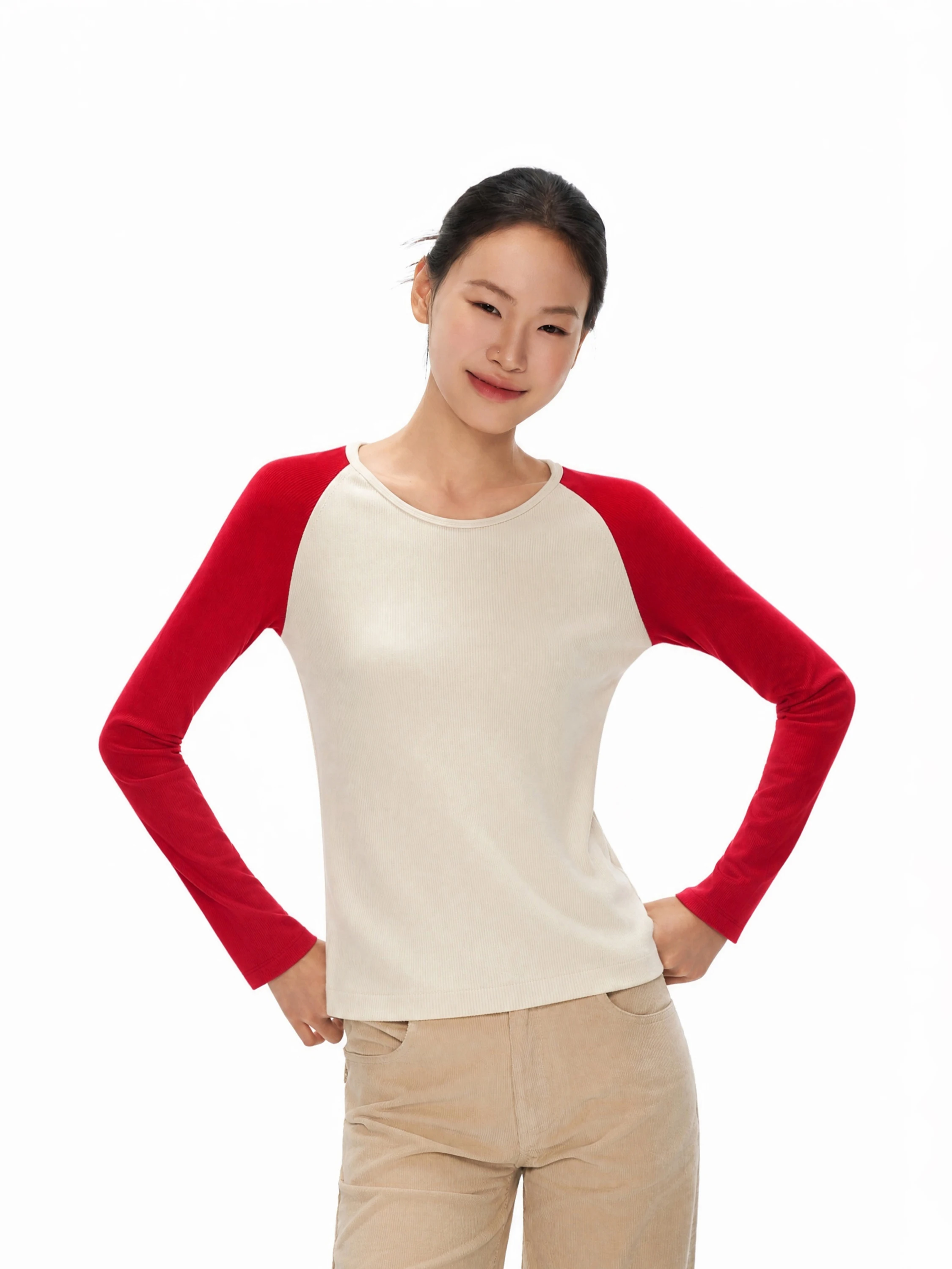 GoGo Burn American Color Block Long Sleeve round Neck Knitted T-Shirt Women's Slim Fit Base Layer Inner Wear Top Casual Style