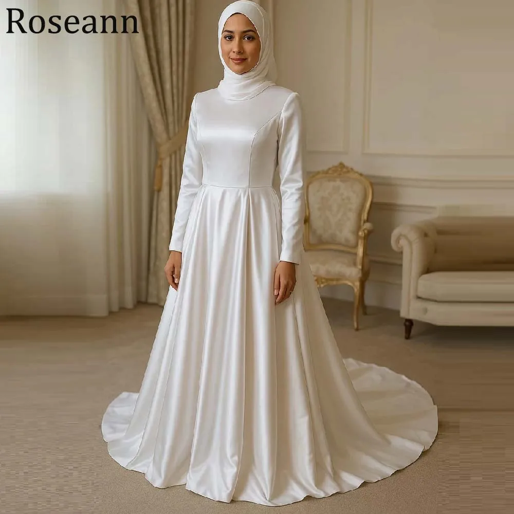 

ROSEANN Customized Modern Muslim Wedding Dress 2026 A-Line O-Neck Sweep Train Buttons Long Modest Bridal Gowns Vestidos De Novia