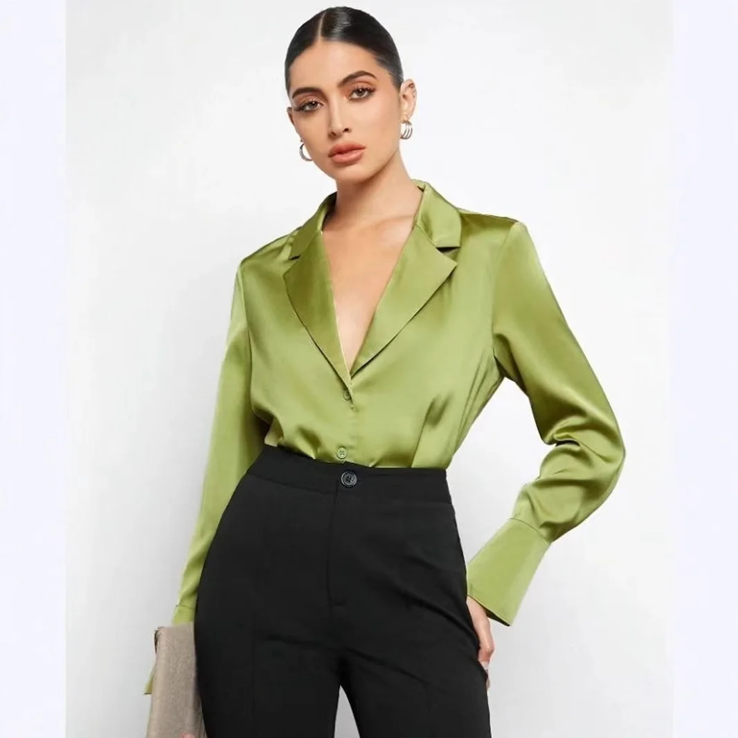 

Women's Elegant Satin Long Sleeve Blouse Turn Down Collar Casual Dressy Shirts Solid Color Simple Tops Spring Summer Autumn