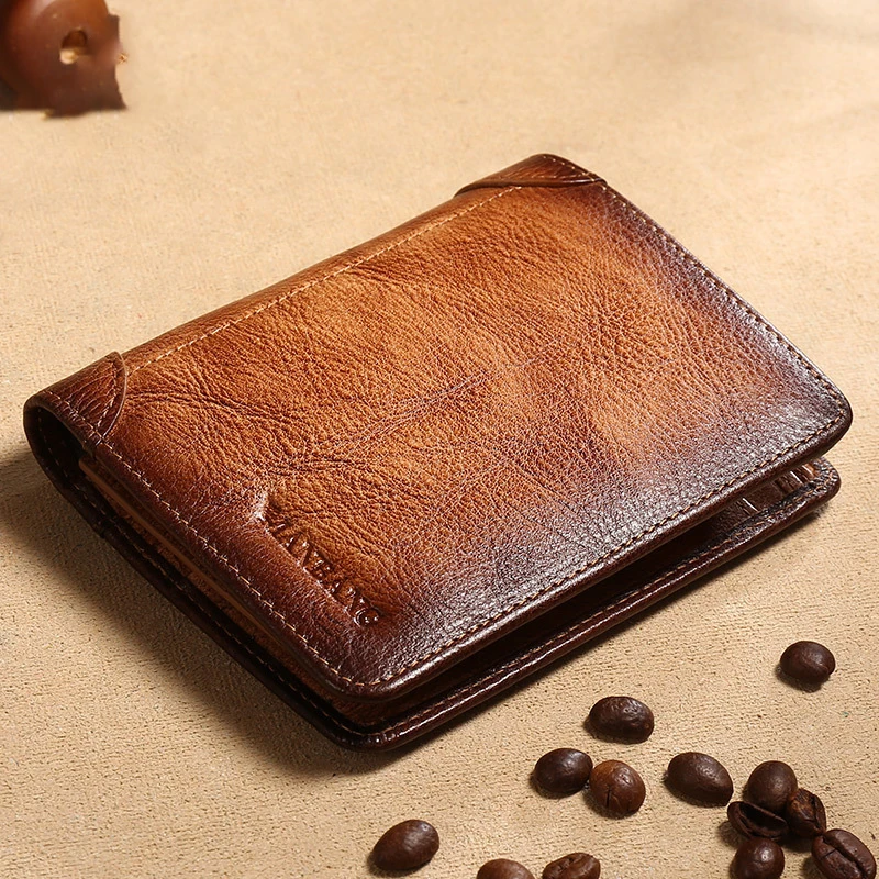 Men's Wallet Wipe Color vegetable tanned leather Men's wallet anti-theft brush Ultra-thin top layer cowhide short three-fold men