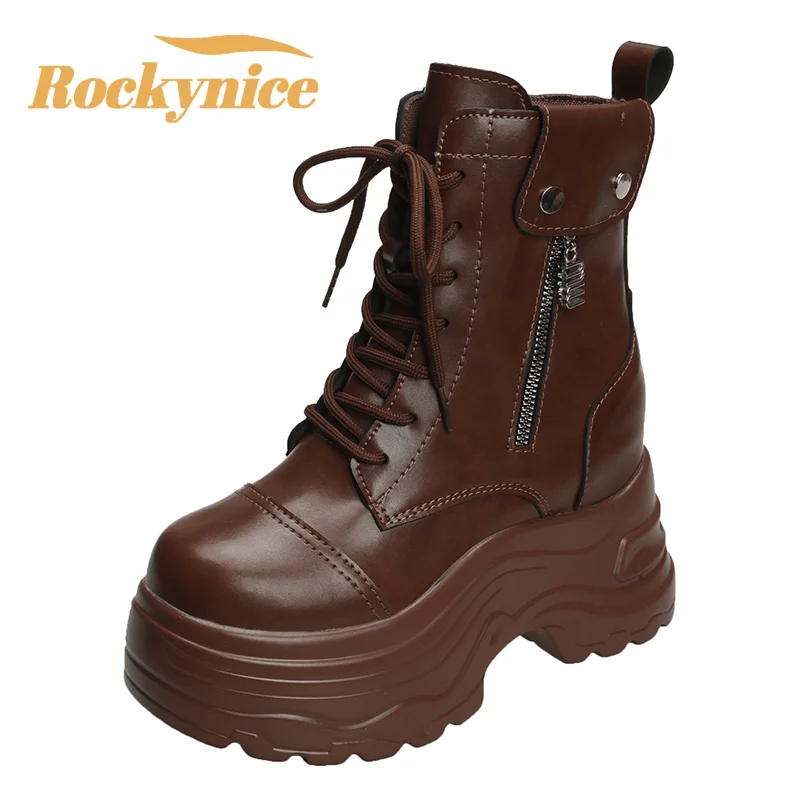 New Women High Platform Ankle Boots Winter Chunky Sneakers Casual Leather Punk Shoes 9CM High Top Motorcycle Short Boots Woman