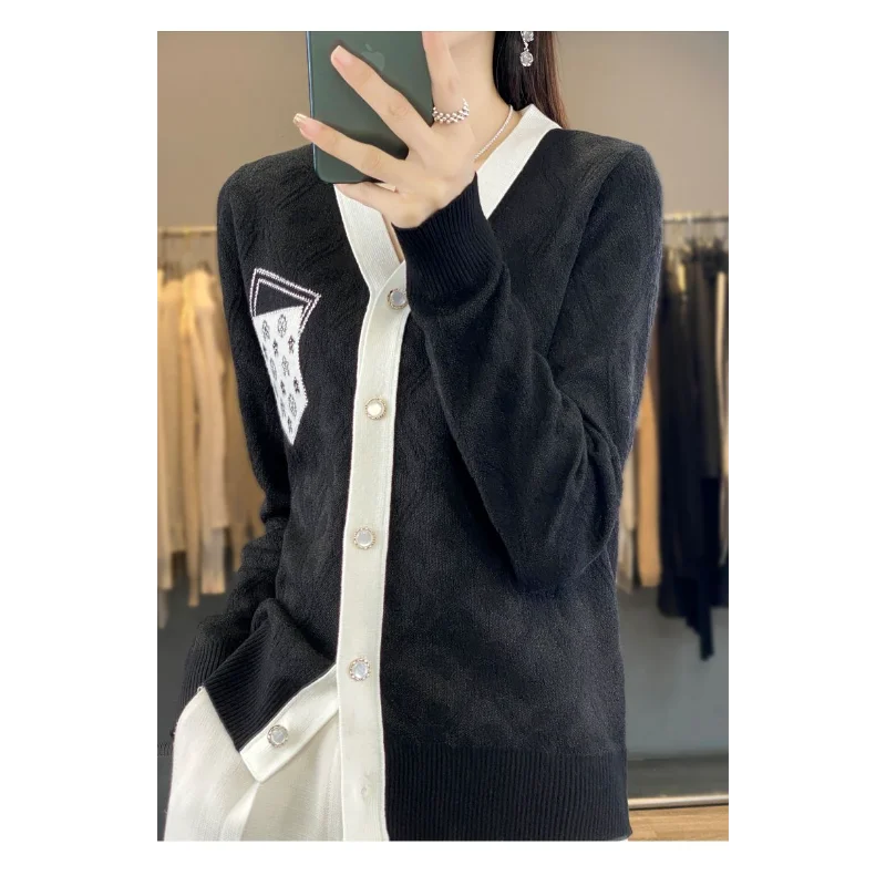 Damski kardigan z dzianiny w stylu \"mały zapach\", dekolt w serek, kontrastowy, jesienno-zimowy sweter, kurtka, elegancki top.