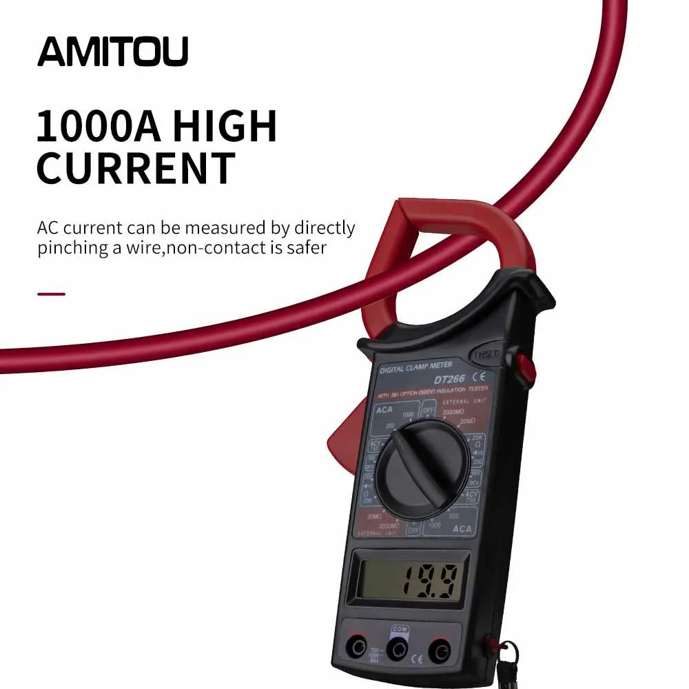 AMITOU DT266 1999 Count Digital Professional Clamp Meter Multimeter Data Hold ohm Current Multimetro Clamp AC/DC Voltage Tester