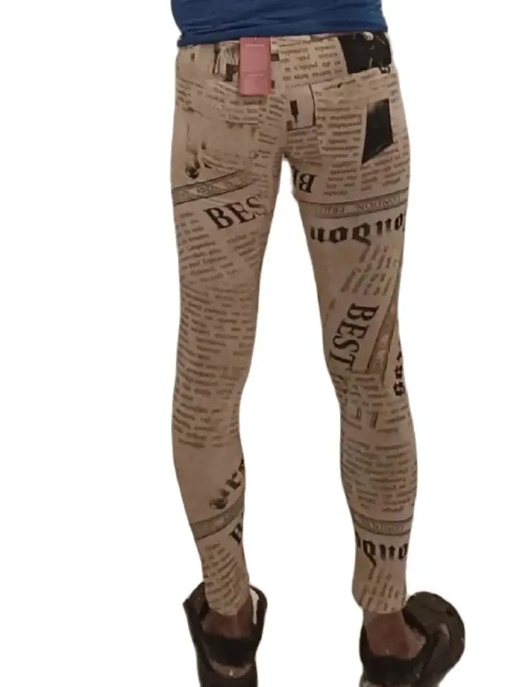 Men High-Elastic Casual Pencil Pants Skinny Fashion Personality Cowboy Style Trouser Retro Newspaper Letter Print Trend Leggings