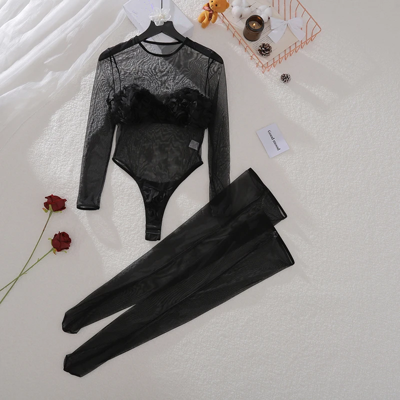 

Новый сексуальный сетчатый боди с 3D цветочным принтом, длинными рукавами, прозрачный, облегающий, с парой чулок, черный, модный наряд для вечеринок для женщин.