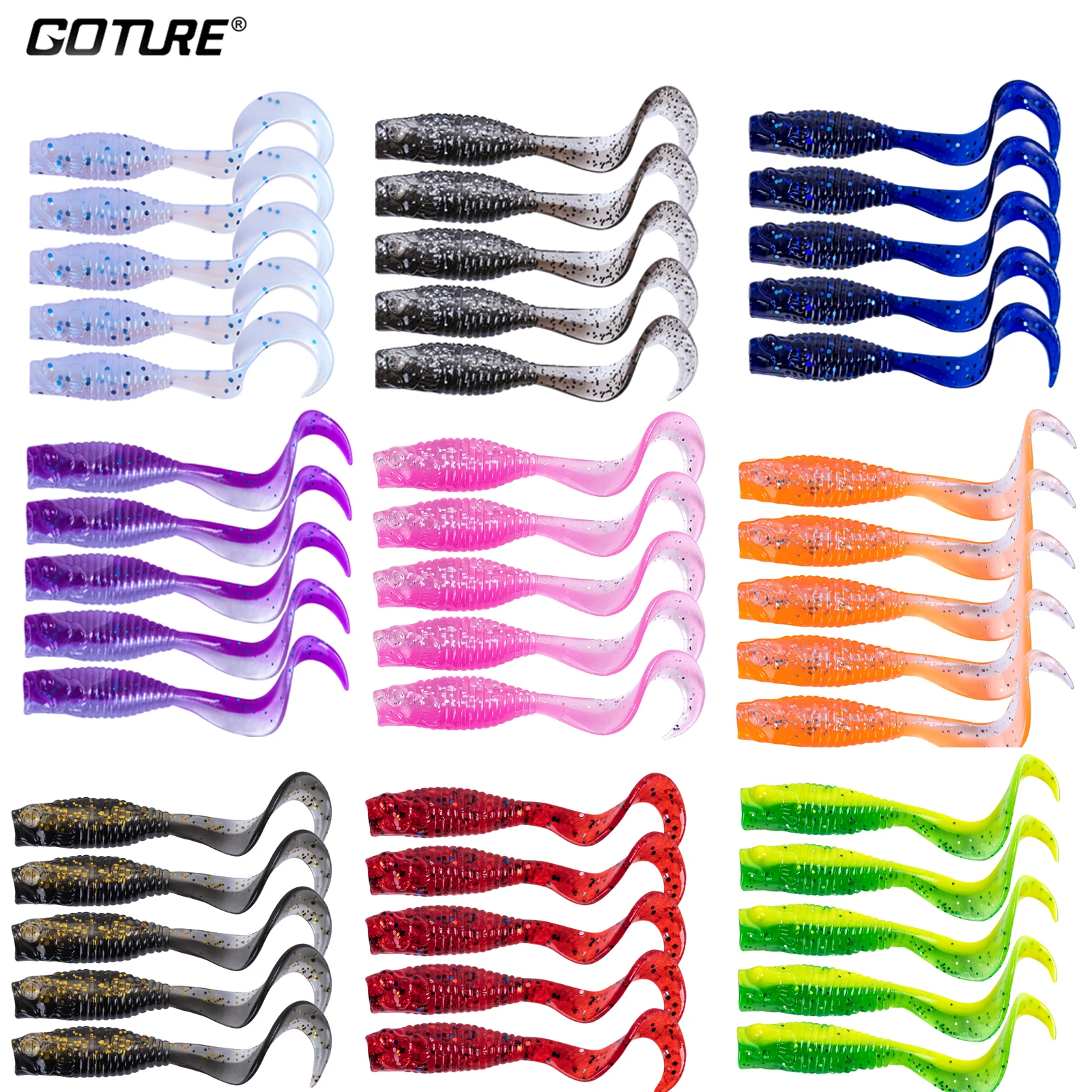 Goture 20pcs/Lot Soft Fishing Lures Worm Soft Bait Jig Wobbler 5cm 1.19g Artificial Bait Swimbait Vibrating Tails Fishing Tackle