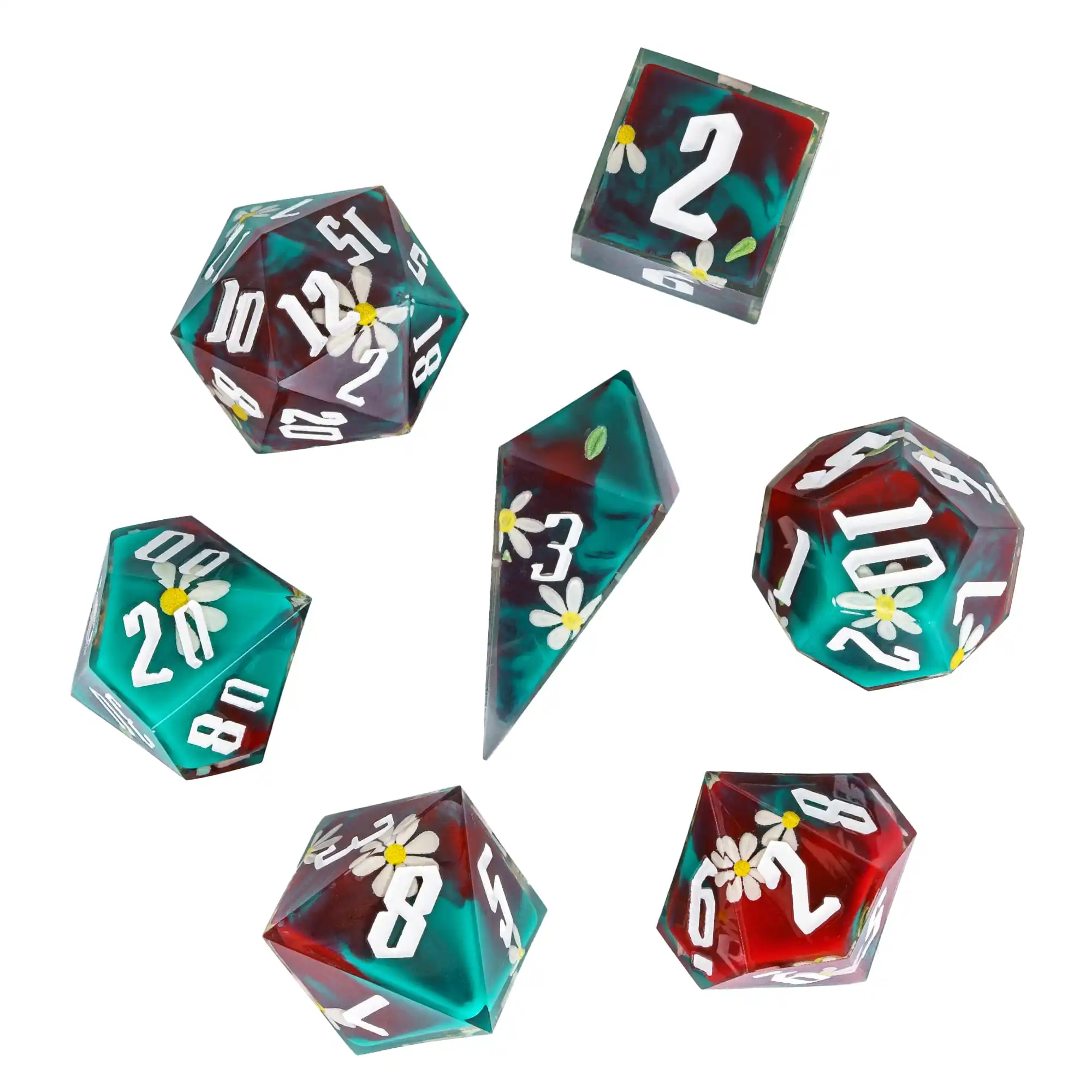 Cusdie Flower Sharp Edge Dices DND 7 Handcrafted Sticker Polyhedral Dice Set D4-D20 for D&D Pathfinder Role Playing Board Games