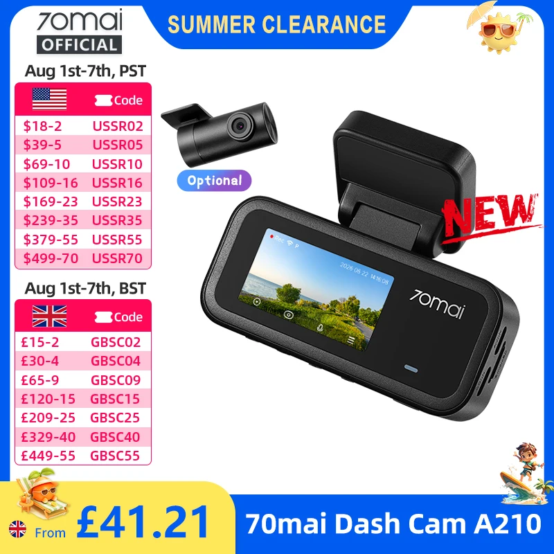70mai A210 Dash Cam 1080P HDR with GPS, Wi-Fi 6 & Parking Monitor