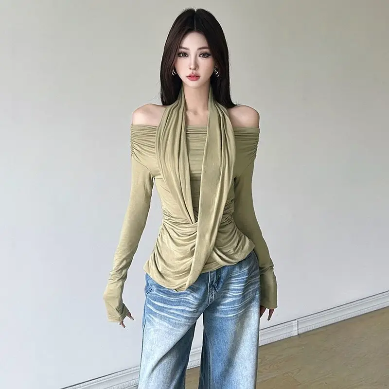 

Halterneck Off-Shoulder T-Shirt Women Slim-Fitting Long-Sleeved INS Style Hot Girl Irregular Chic Versatile Top