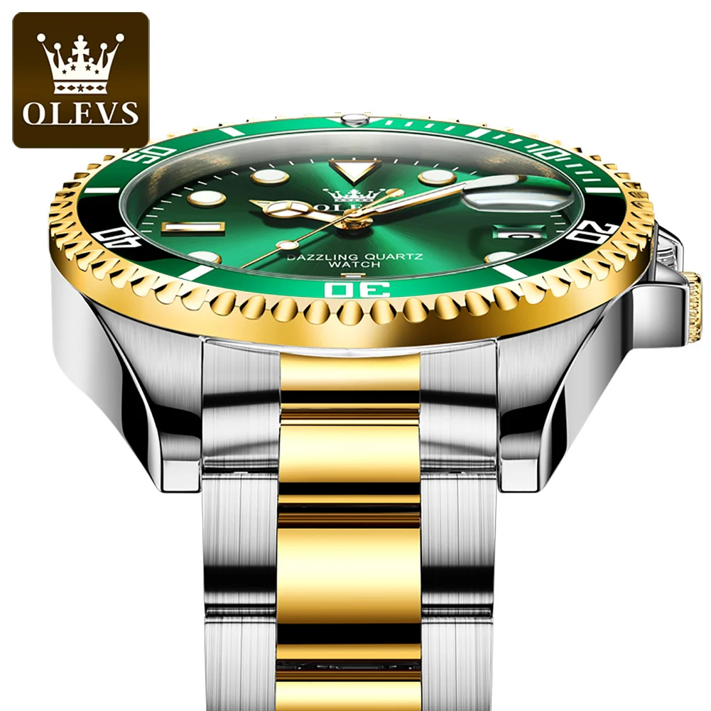 OLEVS Brand New Fashion Green Quartz Watch for Men Stainless Steel Waterproof Luminous Sport Date Wristwatch Relogio Masculino