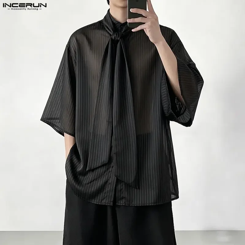 INCERUN Men Striped Shirt Stand Collar Half Sleeve Tie Up Men Clothes See Through Sexy 2026 Shirts Loose Streetwear Fashion Tops