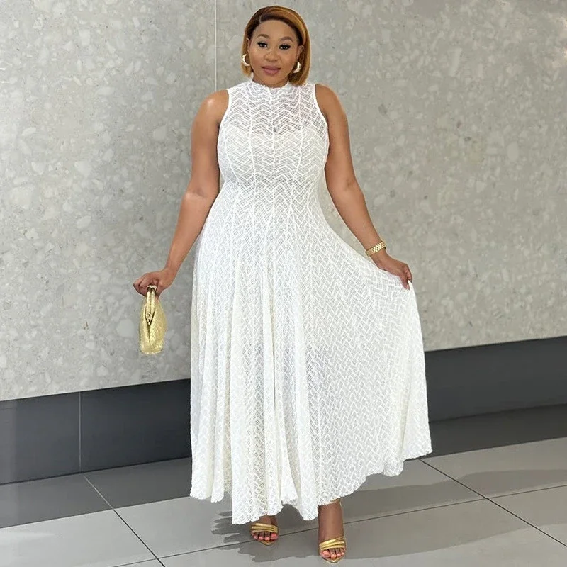 

2025 элегантное новое модное женское кружевное платье с круглым вырезом без рукавов, трапециевидной формы, длинное платье с большим подолом