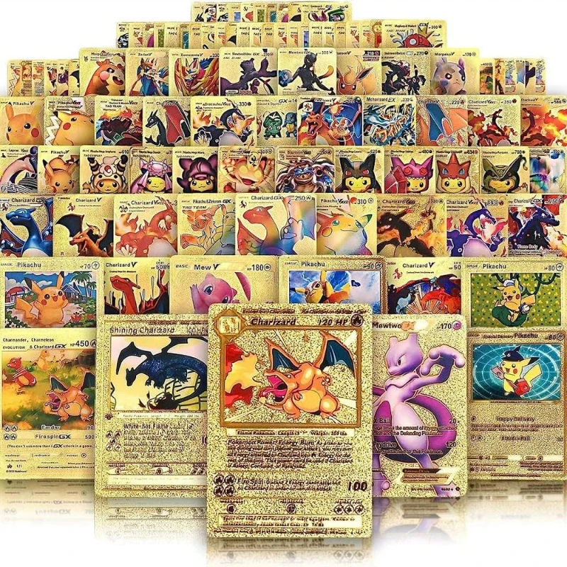 Pokemon 55pcs Game Cards English Spanish French German Pikachu Card Set Gold Silver Black Game Collector Tabletop Battle Cards