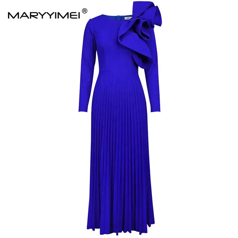 

MARYYIMEI Blue/Green/Rose Fashion Autumn Winter dress Long sleeved Applique Ruffles Elegant pleated Dresses