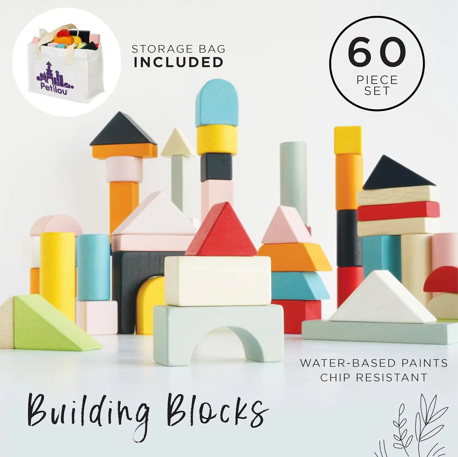Educational Wooden Building Blocks 60 Piece Set Toy | Montessori Style Shape & Colour Development Toy - Suitable for 12 Months +