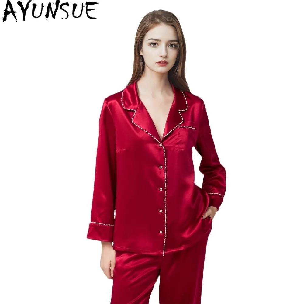 

AYUNSUE Natural Mulberry Silk Sleepwear Women Home Clothes 22MM 100% Real Silk Pajama Set Spring Summer Long Sleeve Top Pants