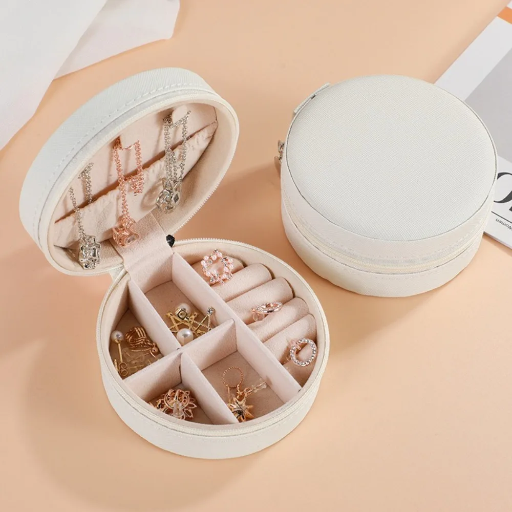 목걸이 귀걸이 반지 라운드 보석 상자 보석 주최자 지퍼 보석 케이스 상자 솔리드 컬러 Pu 가죽 보관 상자 여행