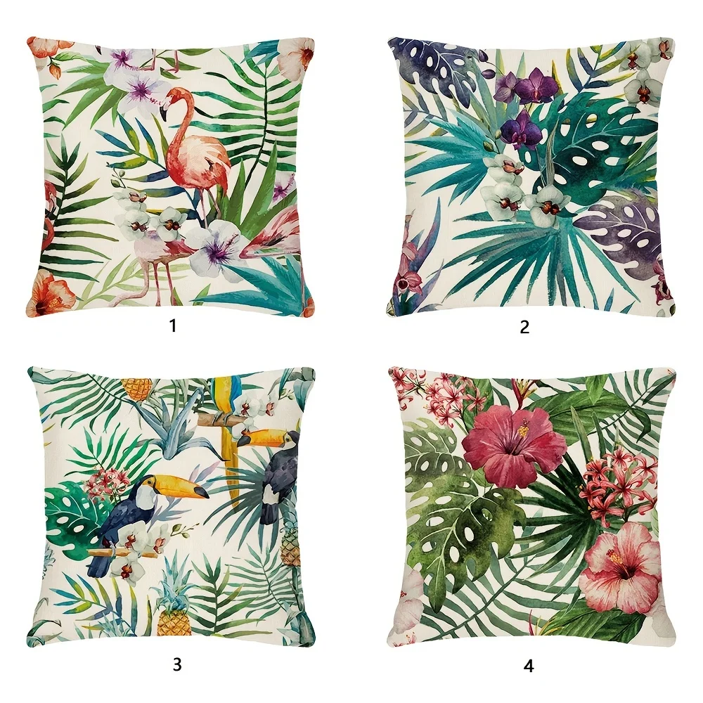 1pc Tropical Flower Throw Pillow Cushion Cover, Palm Tree Leaf Tropical Flower Cotton Linen Decorative Home Decor