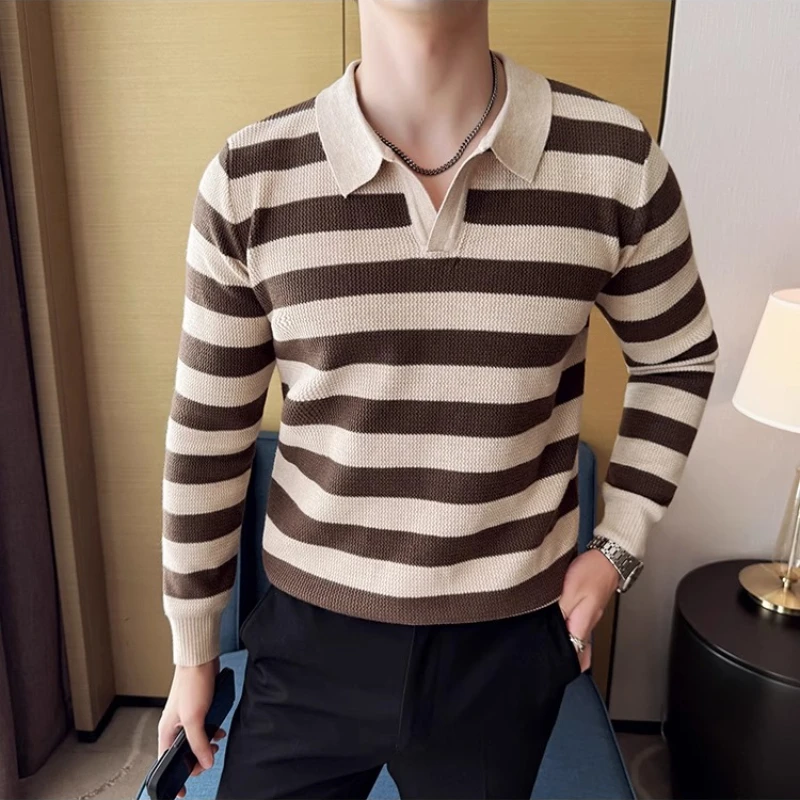 Autumn Winter Men's Lapel Sweater Trend Striped Sweaters Casual Business V-neck Pullover Slim Fit Street Wear Men Clothing 2025