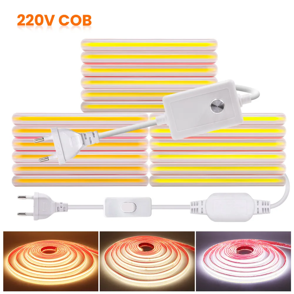 

Dimmable COB LED Strip Light Waterproof Flexible Tape with Dimmer Switch Power Kit 220V 288 LEDs High Density Linear Lighting