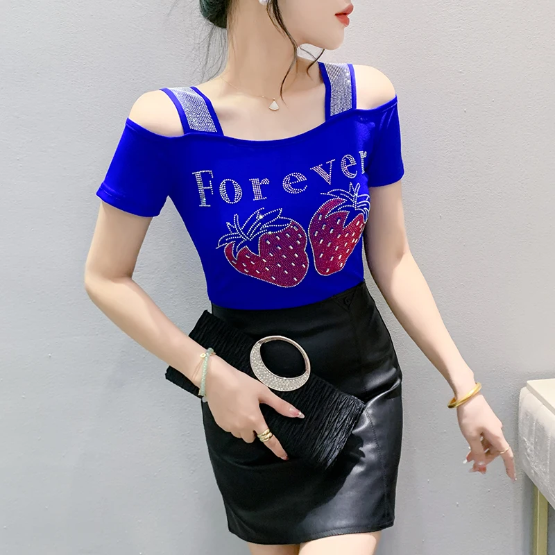 MadBlack European Clothes Tshirts Women Sexy O Necks Shiny Hot Drill Slim 2 Layer Mesh Tops Short Sleeve Tee Summer  T44057JC