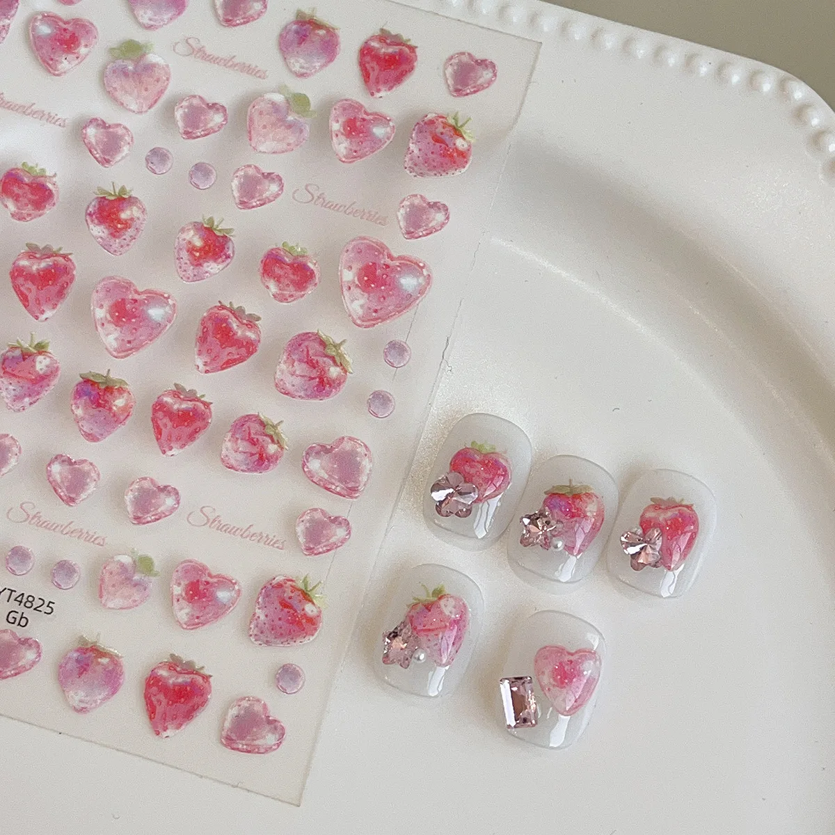 

1pcs Nail Decals Jelly Pink Strawberry Heart Sweet Luxury Style with Adhesive Backing Nail Art Stickers Suitable for Manicures